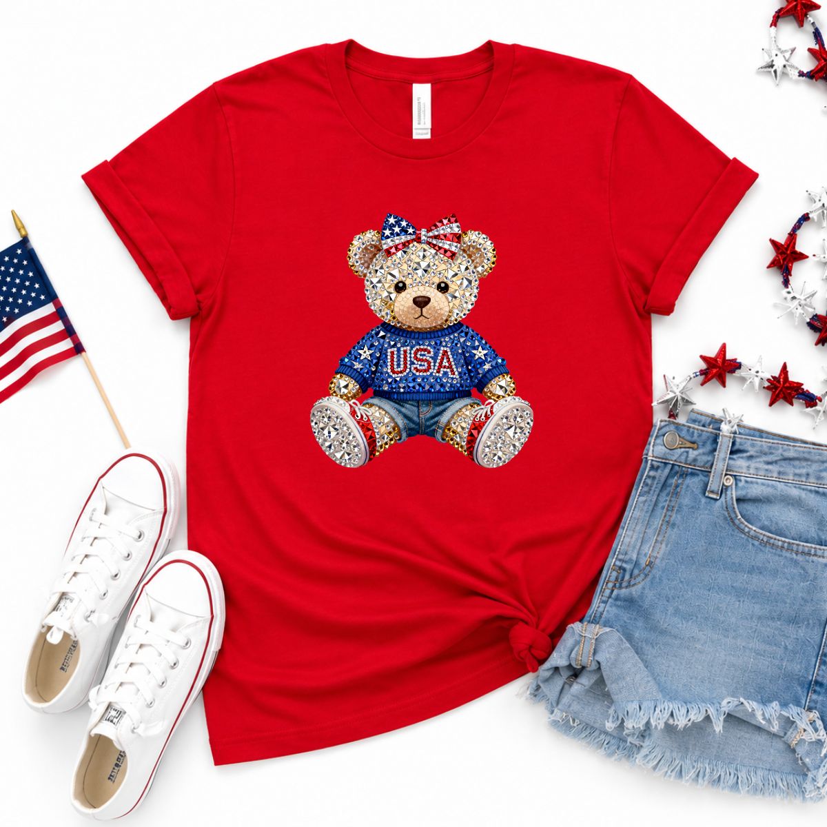 🇺🇸 Patriotic Faux Rhinestone Teddy Bear Graphic Tee | Toddler, Youth & Adult
