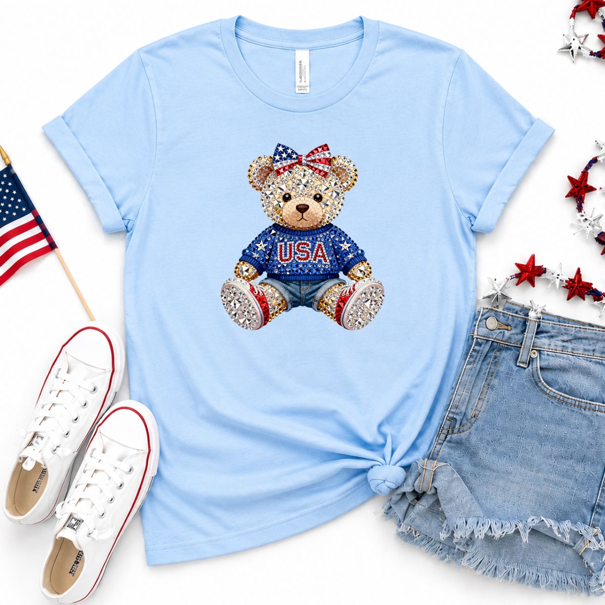 🇺🇸 Patriotic Faux Rhinestone Teddy Bear Graphic Tee | Toddler, Youth & Adult