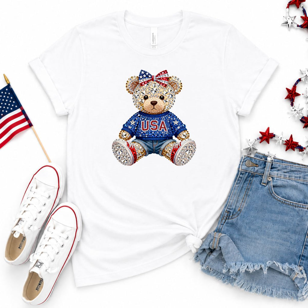🇺🇸 Patriotic Faux Rhinestone Teddy Bear Graphic Tee | Toddler, Youth & Adult