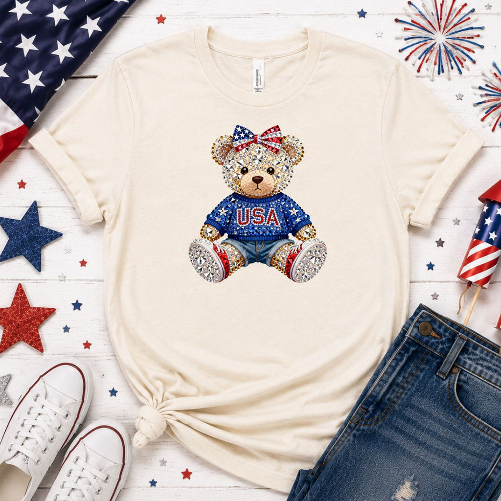 🇺🇸 Patriotic Faux Rhinestone Teddy Bear Graphic Tee | Toddler, Youth & Adult